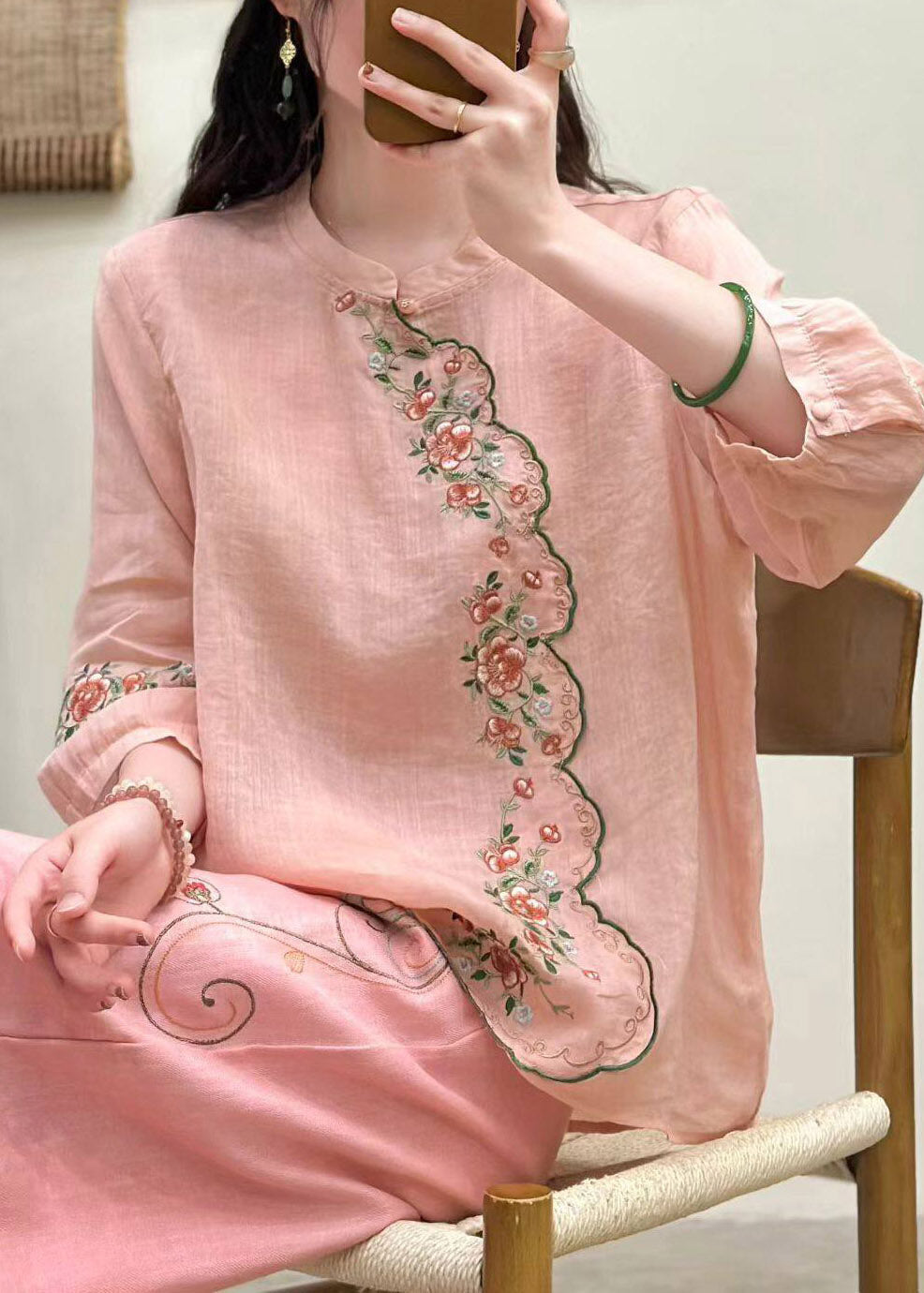 Elegant Blue O-Neck Embroidered Linen Shirt Tops Three Quarter Sleeve