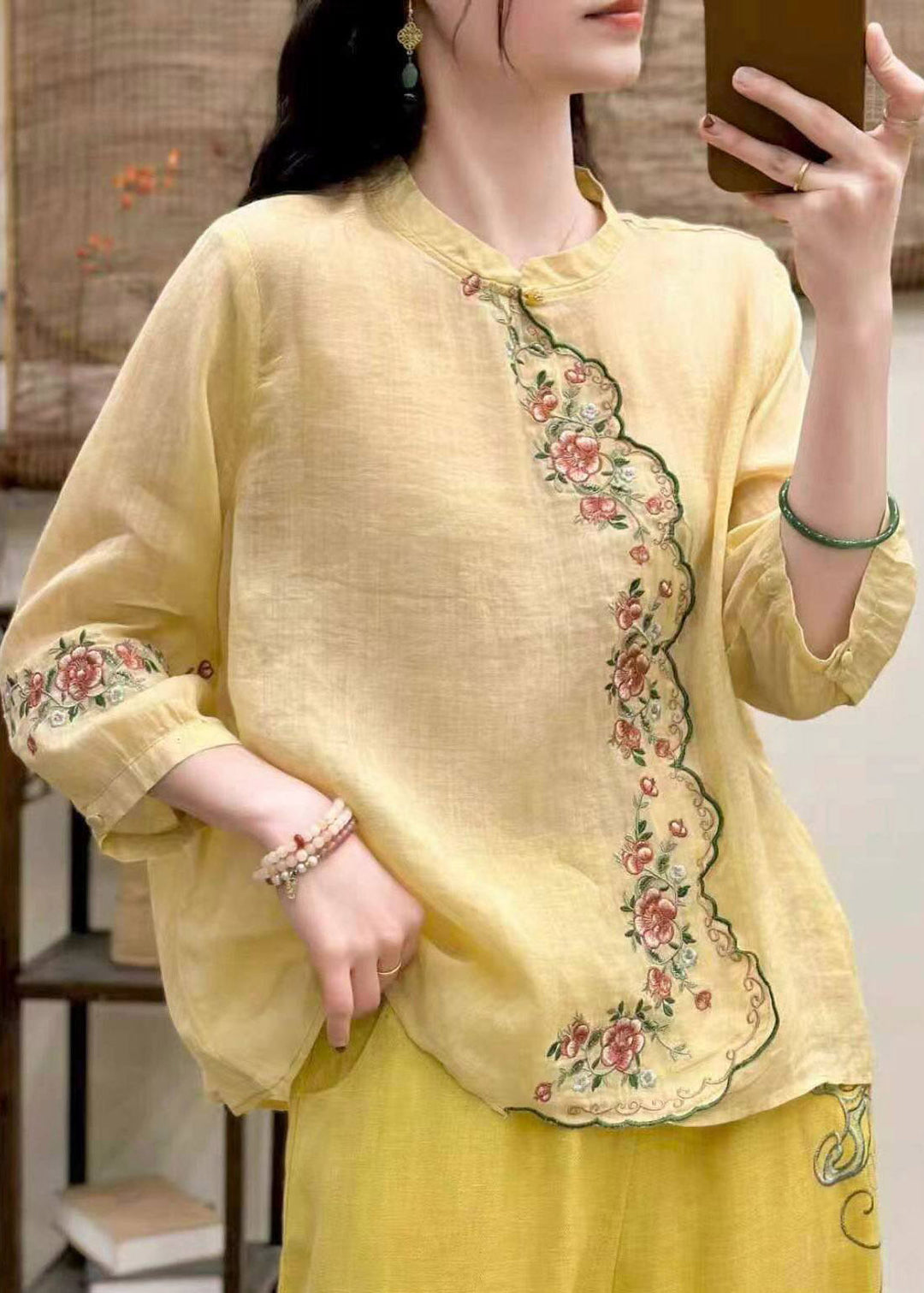 Elegant Blue O-Neck Embroidered Linen Shirt Tops Three Quarter Sleeve