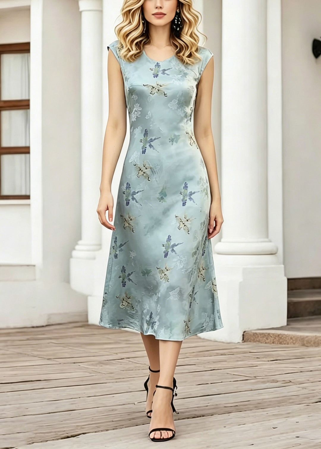 Elegant Blue O-Neck Print Long Dress Short Sleeve