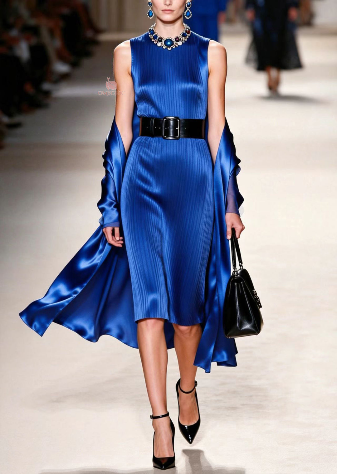 Elegant Blue O Neck Women Silk Dress Sleeveless