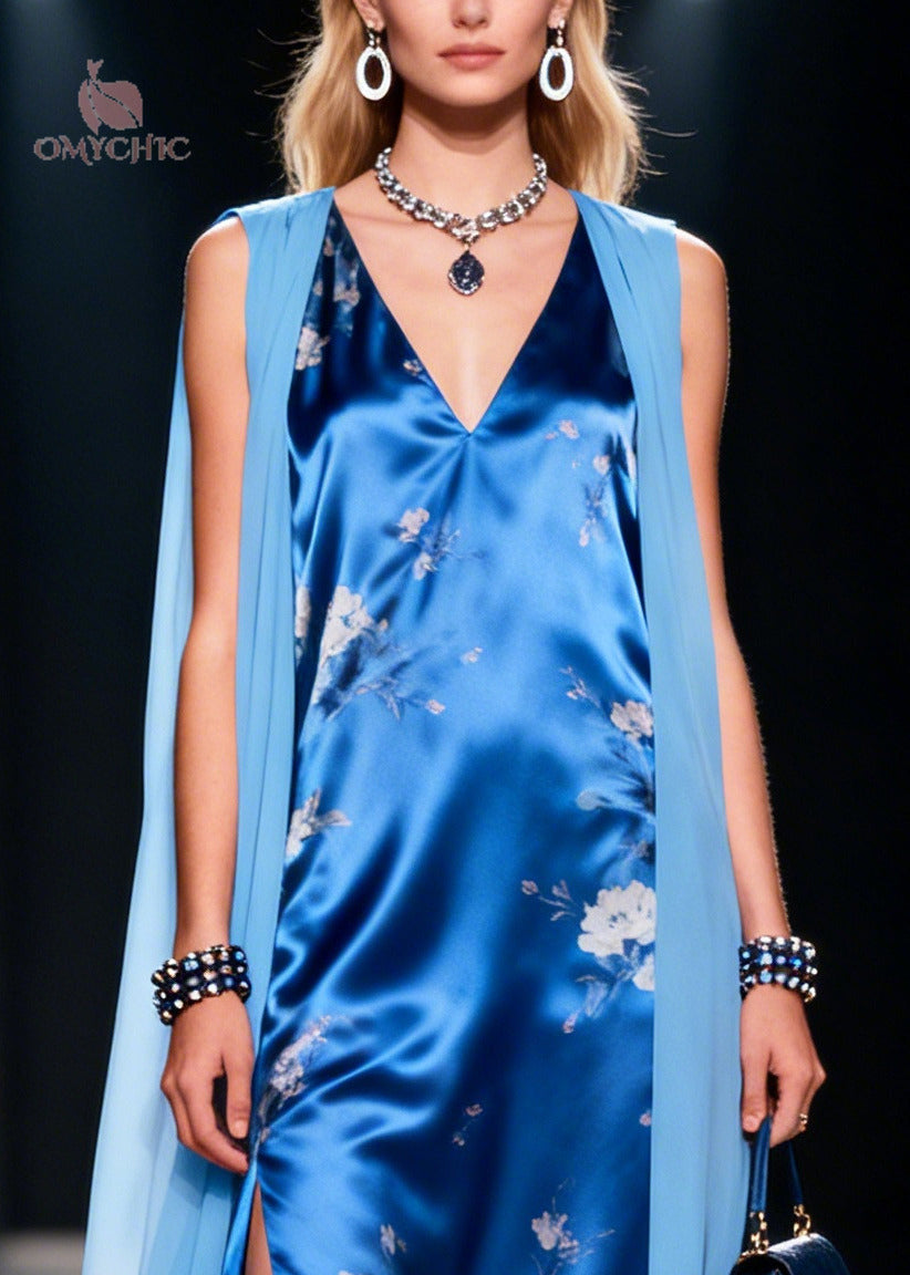 Elegant Blue Patchwork Silk Maxi Dress Side Open Sleeveless