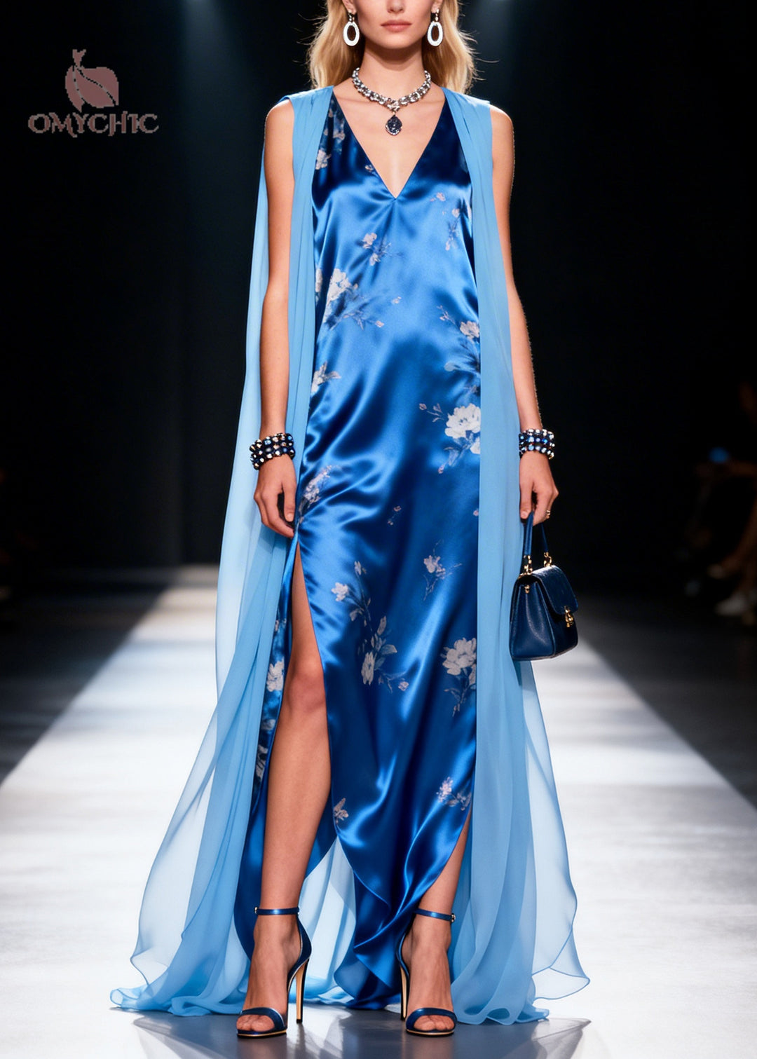 Elegant Blue Patchwork Silk Maxi Dress Side Open Sleeveless