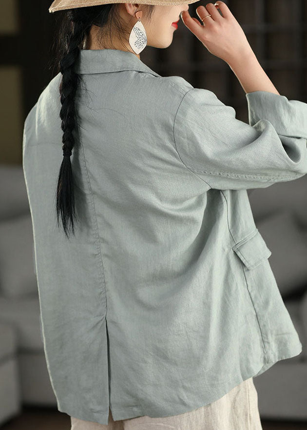 Elegant Blue Peter Pan Collar Pockets Linen Jacket Spring