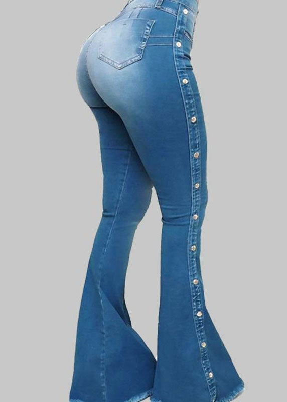 Elegant Blue Pockets Patchwork High Waist Denim Flared Trousers Spring