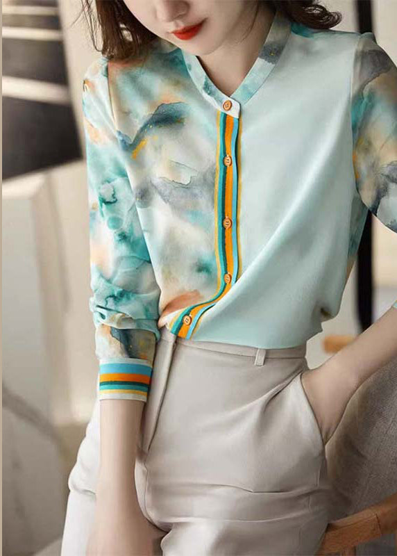 Elegant Blue Print Button Silk Blouses Spring