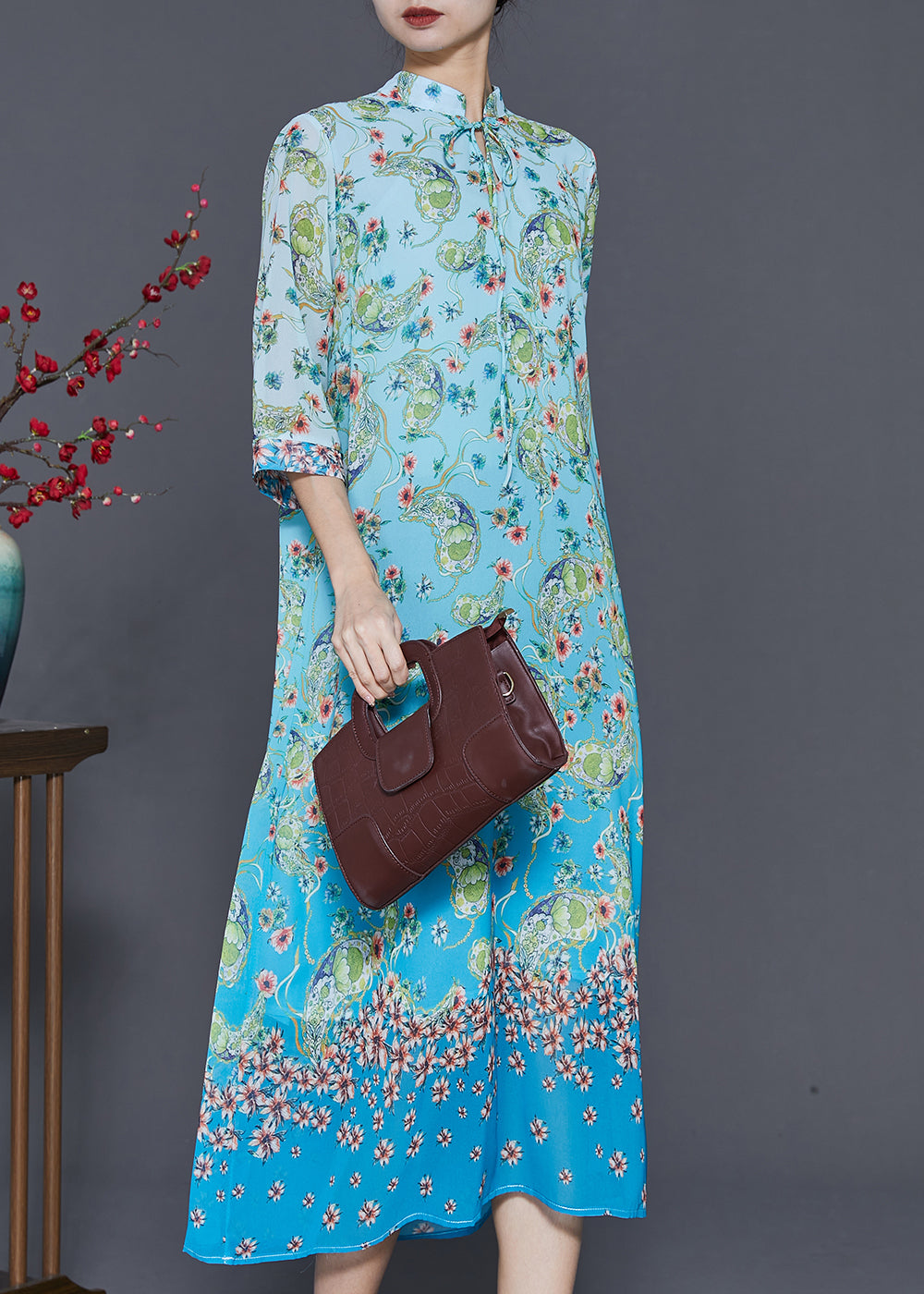 Elegant Blue Print Draping Chiffon Long Dresses Summer