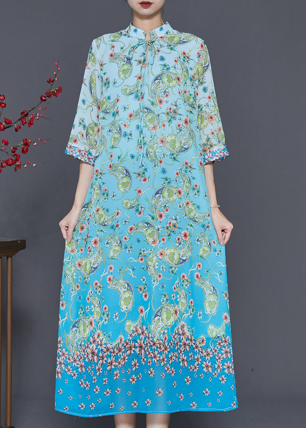 Elegant Blue Print Draping Chiffon Long Dresses Summer