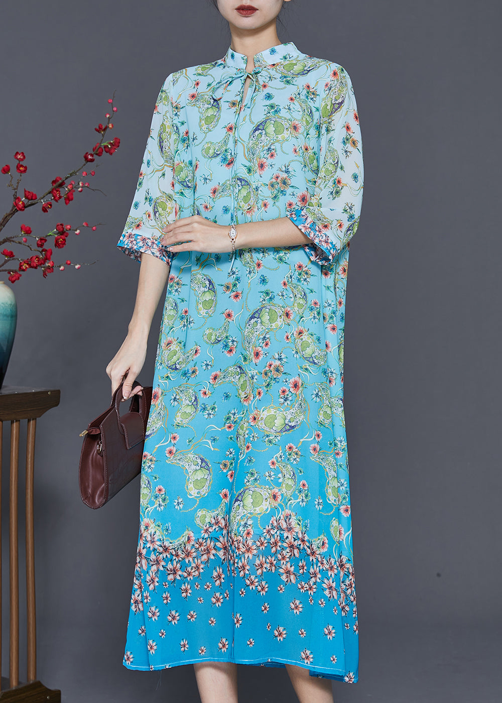 Elegant Blue Print Draping Chiffon Long Dresses Summer