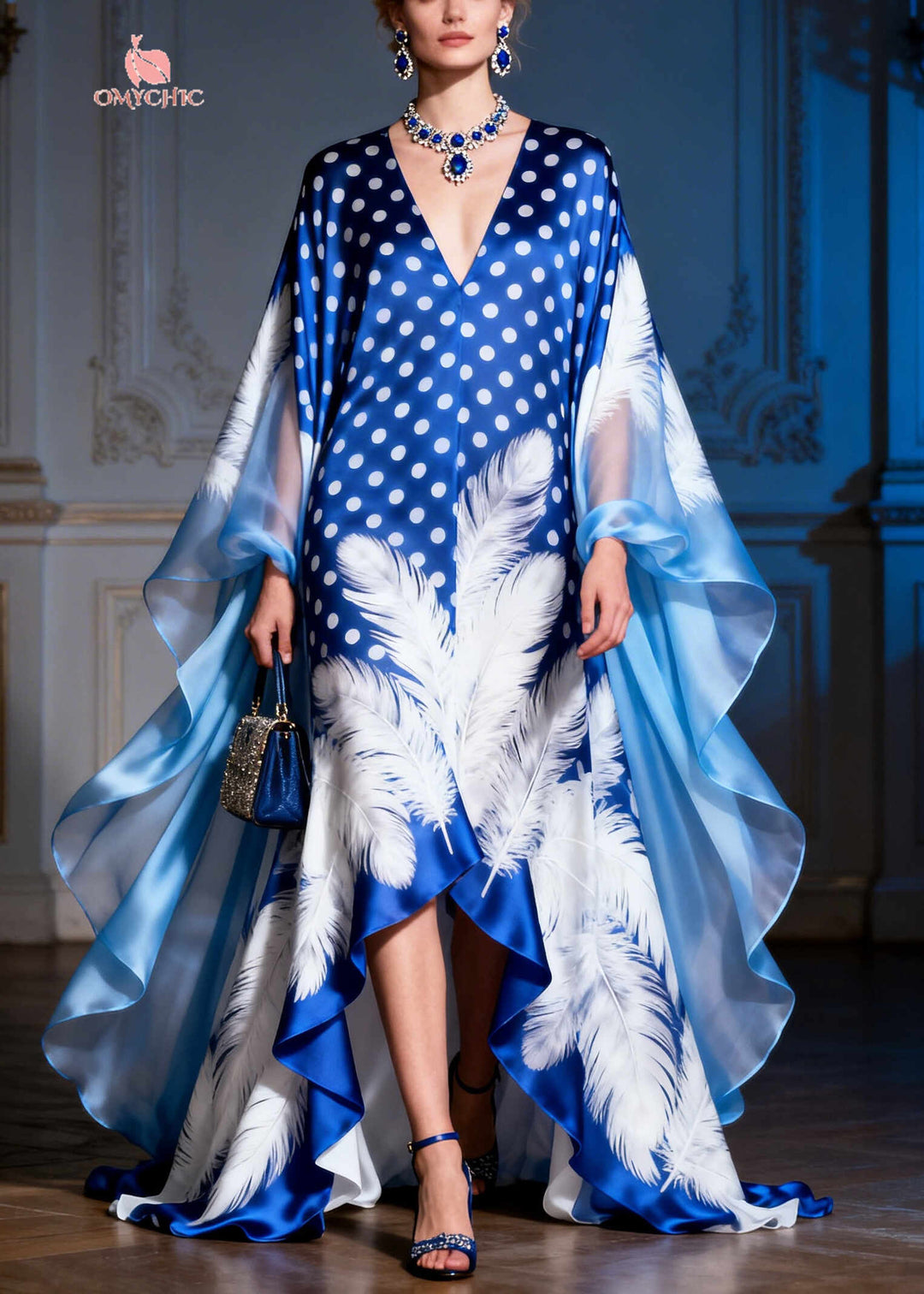 Elegant Blue Print Exra Large Hem Low High Design Silk Evening Dress Summer