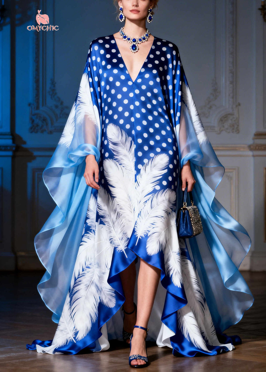 Elegant Blue Print Exra Large Hem Low High Design Silk Evening Dress Summer