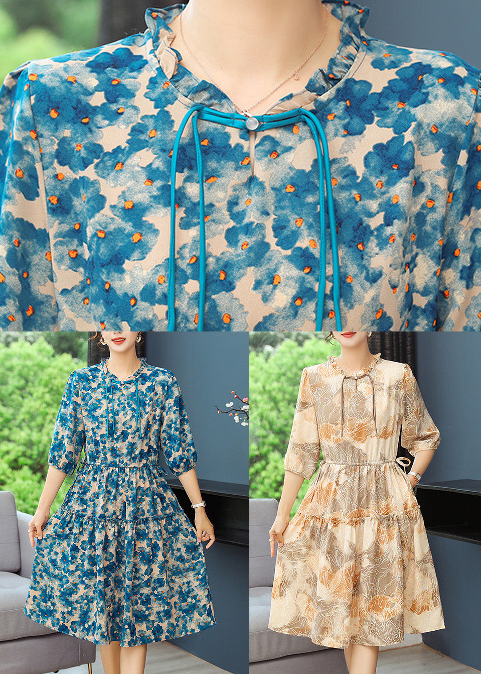 Elegant Blue Print Tunic Dresses Ruffled Summer