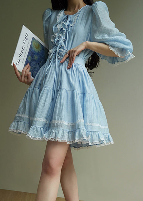 Elegant Blue Ruffled Lace Shirt And Skirts Cotton Two Pieces Set Half Sleeve