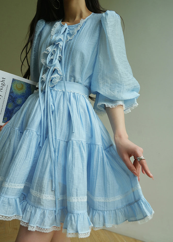 Elegant Blue Ruffled Lace Shirt And Skirts Cotton Two Pieces Set Half Sleeve