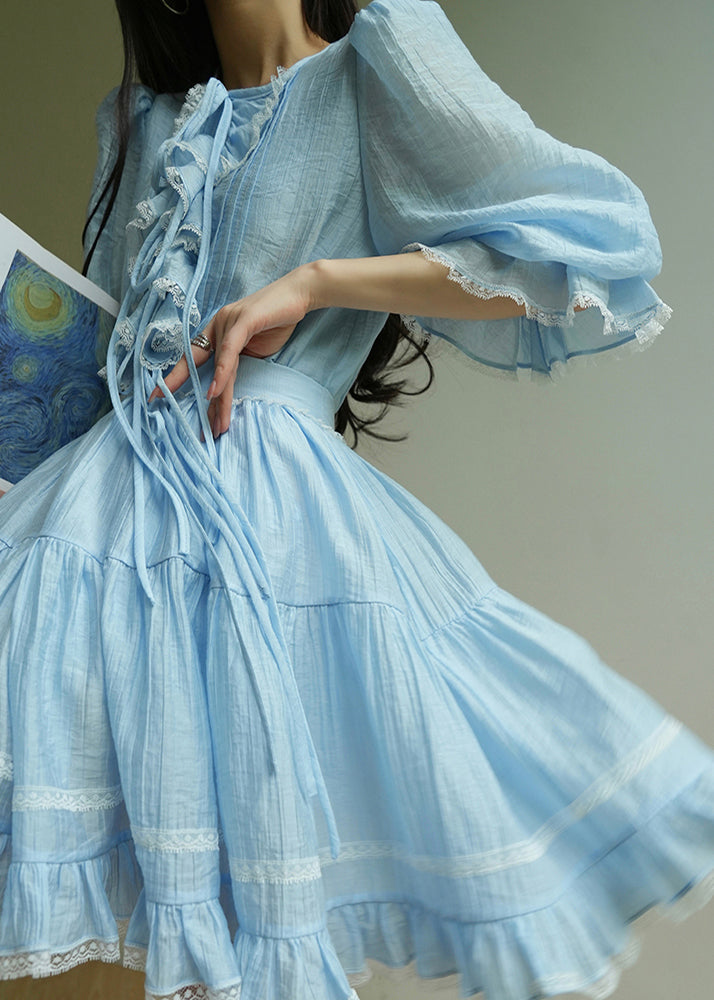 Elegant Blue Ruffled Lace Shirt And Skirts Cotton Two Pieces Set Half Sleeve