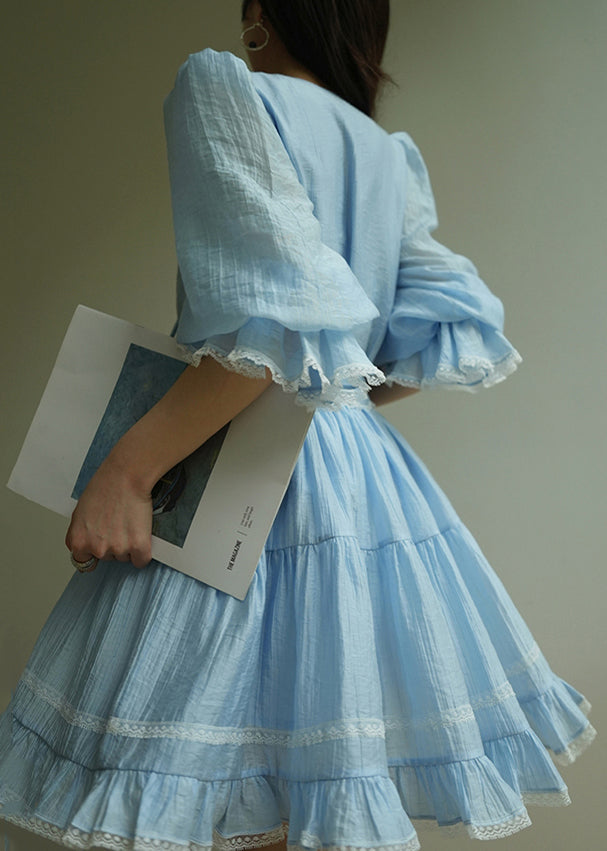 Elegant Blue Ruffled Lace Shirt And Skirts Cotton Two Pieces Set Half Sleeve