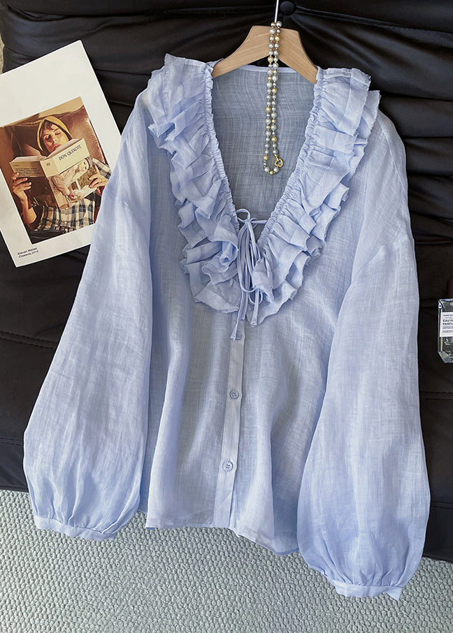 Elegant Blue Ruffled Lace Up Button Cotton Blouses Fall