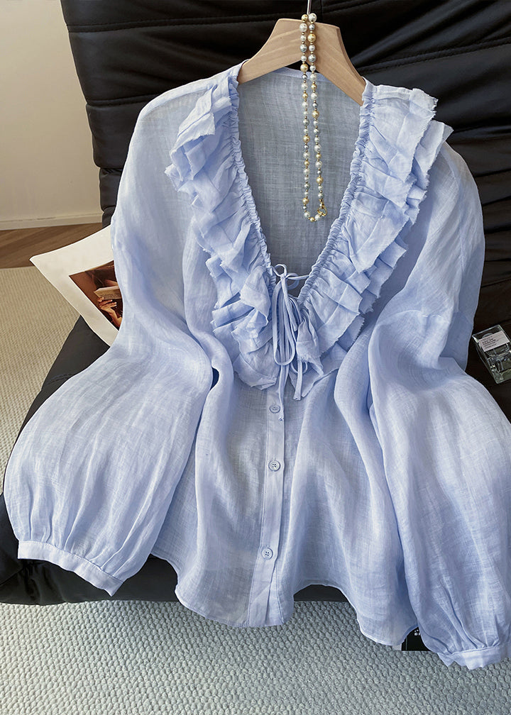 Elegant Blue Ruffled Lace Up Button Cotton Blouses Fall