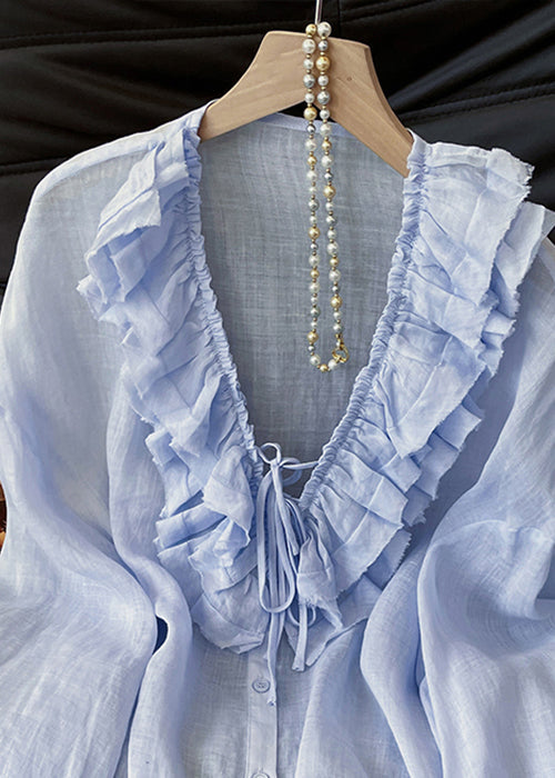 Elegant Blue Ruffled Lace Up Button Cotton Blouses Fall
