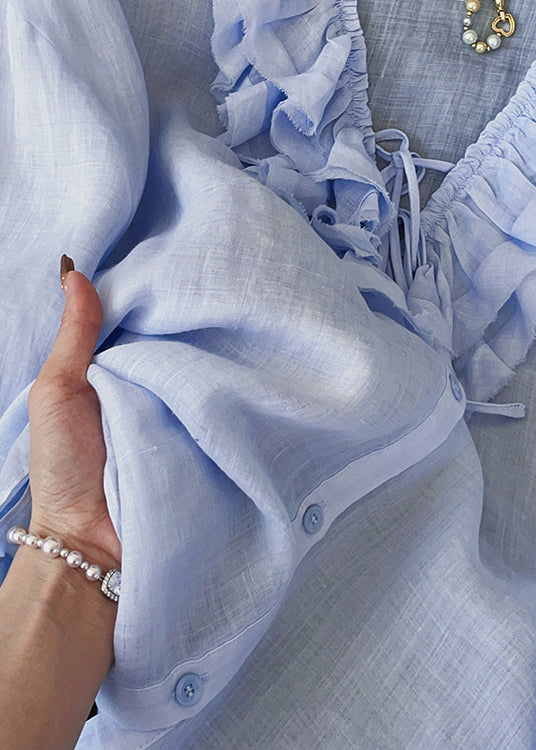 Elegant Blue Ruffled Lace Up Button Cotton Blouses Fall