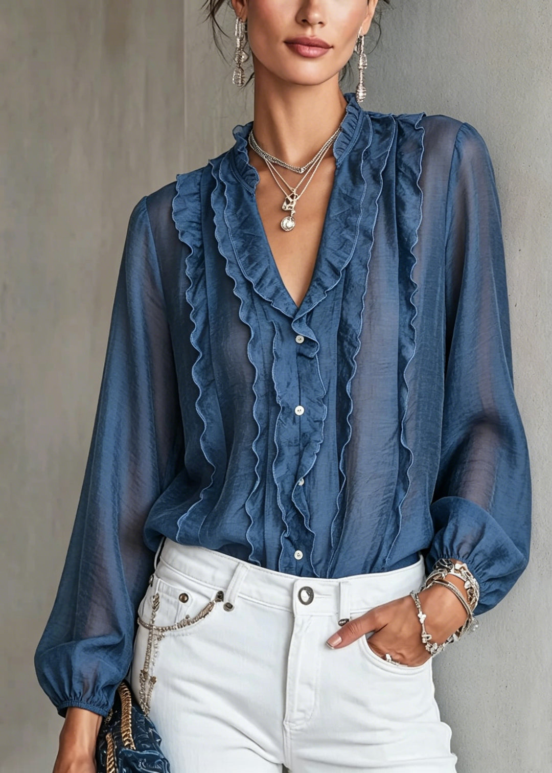 Elegant Blue Ruffled Patchwork Cotton Shirt Long Sleeve