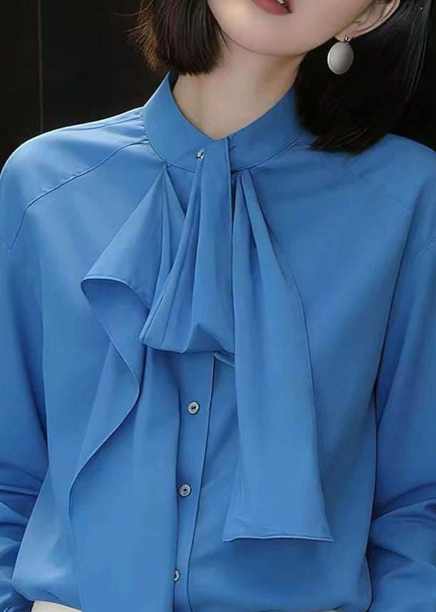 Elegant Blue Ruffled Patchwork Cotton Shirt Top Fall