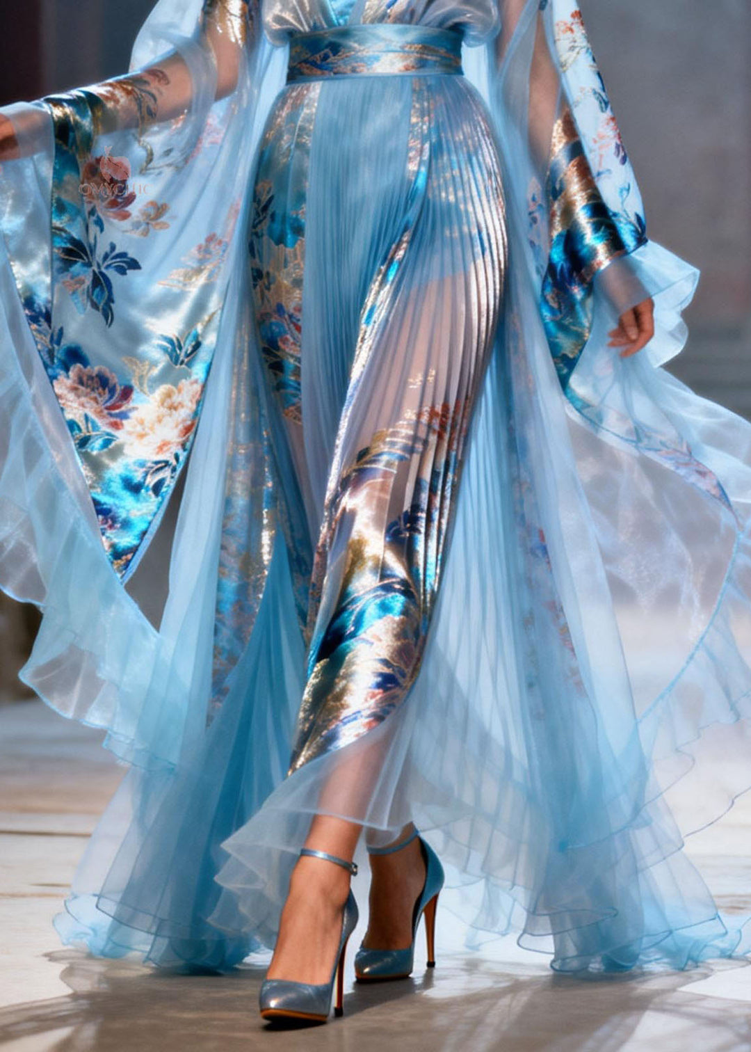 Elegant Blue Ruffled Print Chiffon Maxi Dresses Summer