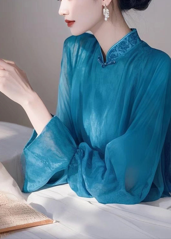 Elegant Blue Stand Collar Chiffon Shirts Spring