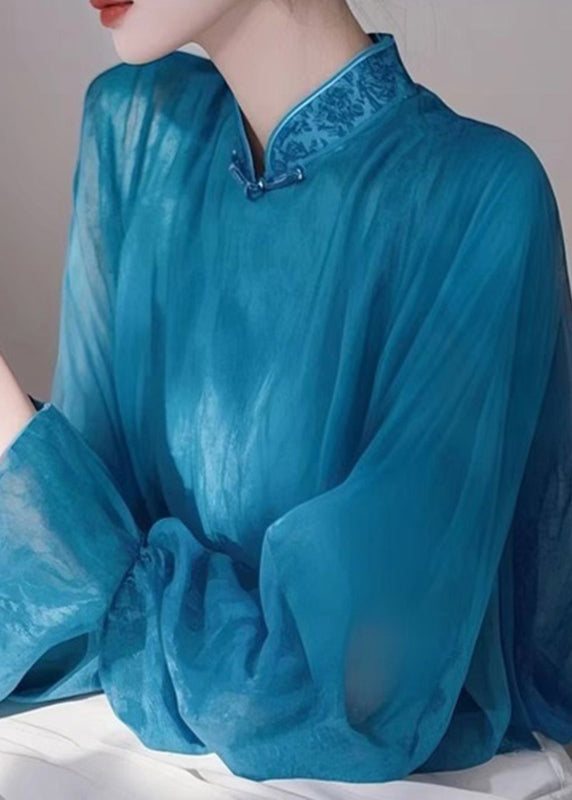 Elegant Blue Stand Collar Chiffon Shirts Spring