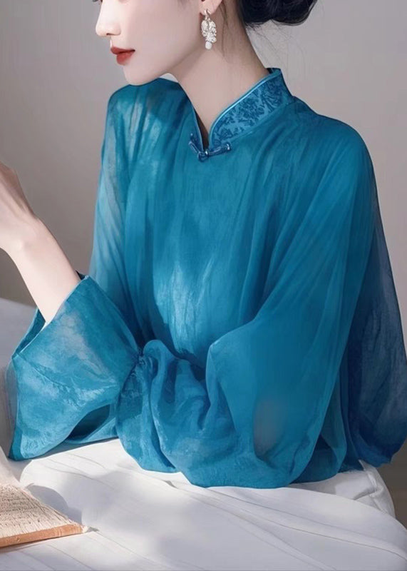 Elegant Blue Stand Collar Chiffon Shirts Spring
