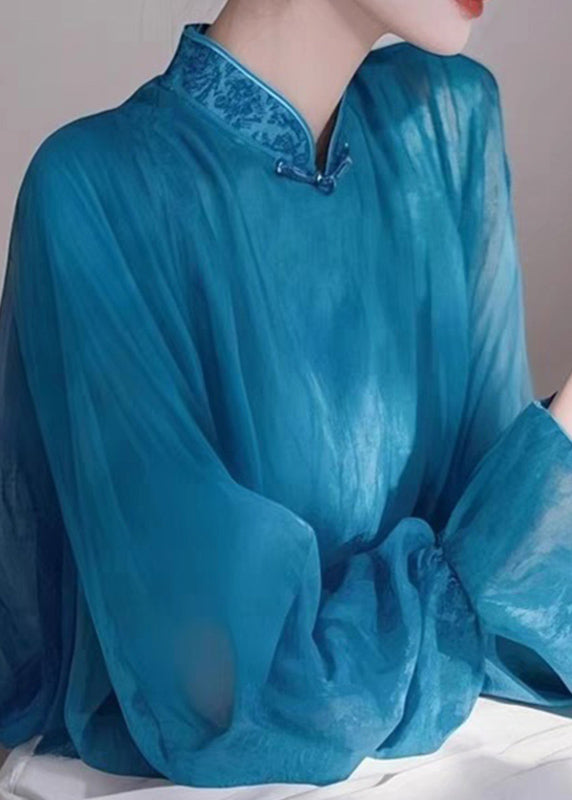 Elegant Blue Stand Collar Chiffon Shirts Spring