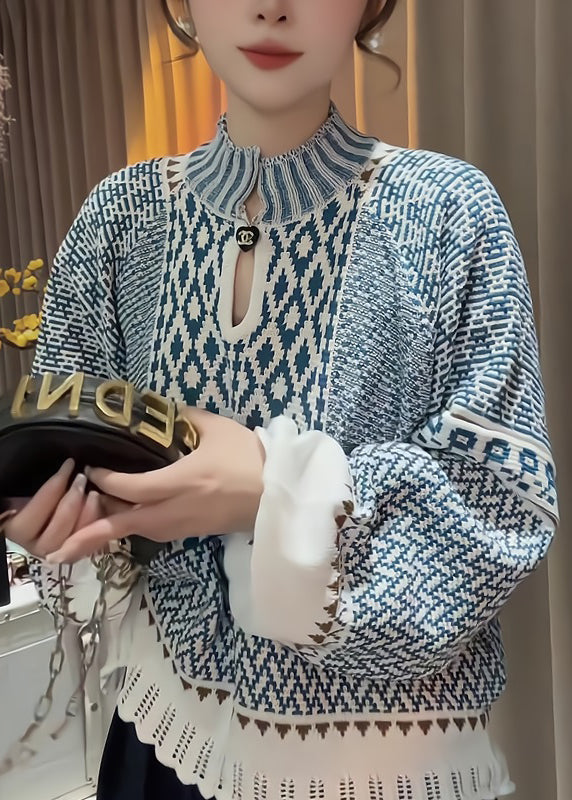 Elegant Blue Stand Collar Print Knit Sweater Fall