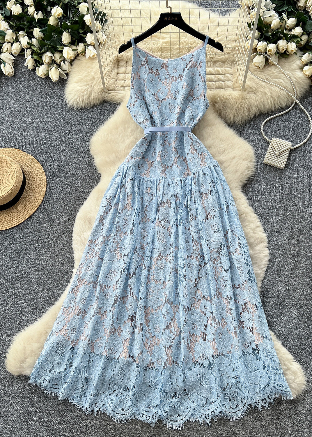 Elegant Blue Tunic Exra Large Hem Lace Spaghetti Strap Dress Summer
