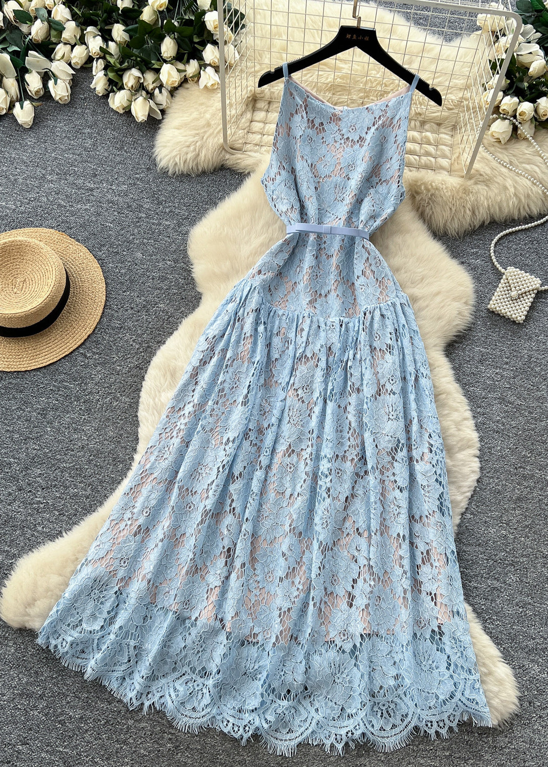 Elegant Blue Tunic Exra Large Hem Lace Spaghetti Strap Dress Summer