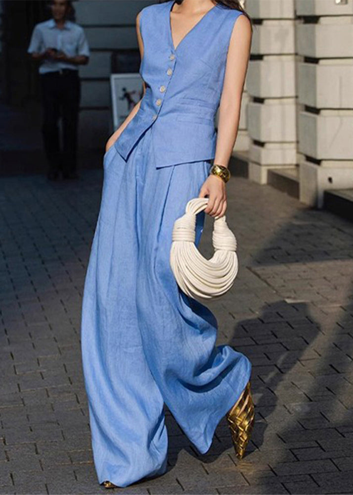 Elegant Blue V Neck Button Waistcoat And Straight Pants Two Pieces Set Sleeveless