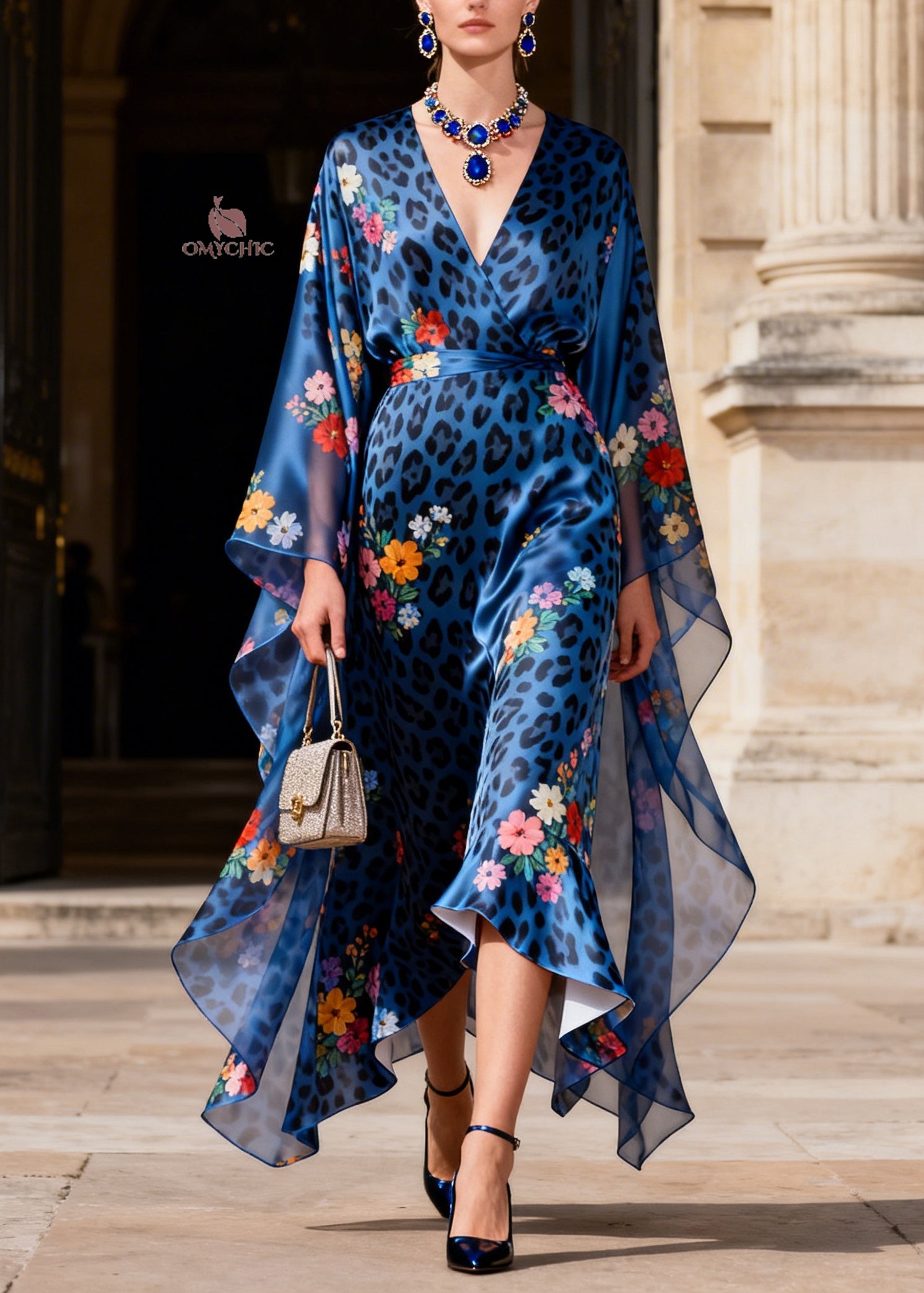 Elegant Blue V Neck Leopard Print Silk Long Dress Summer - Omychic