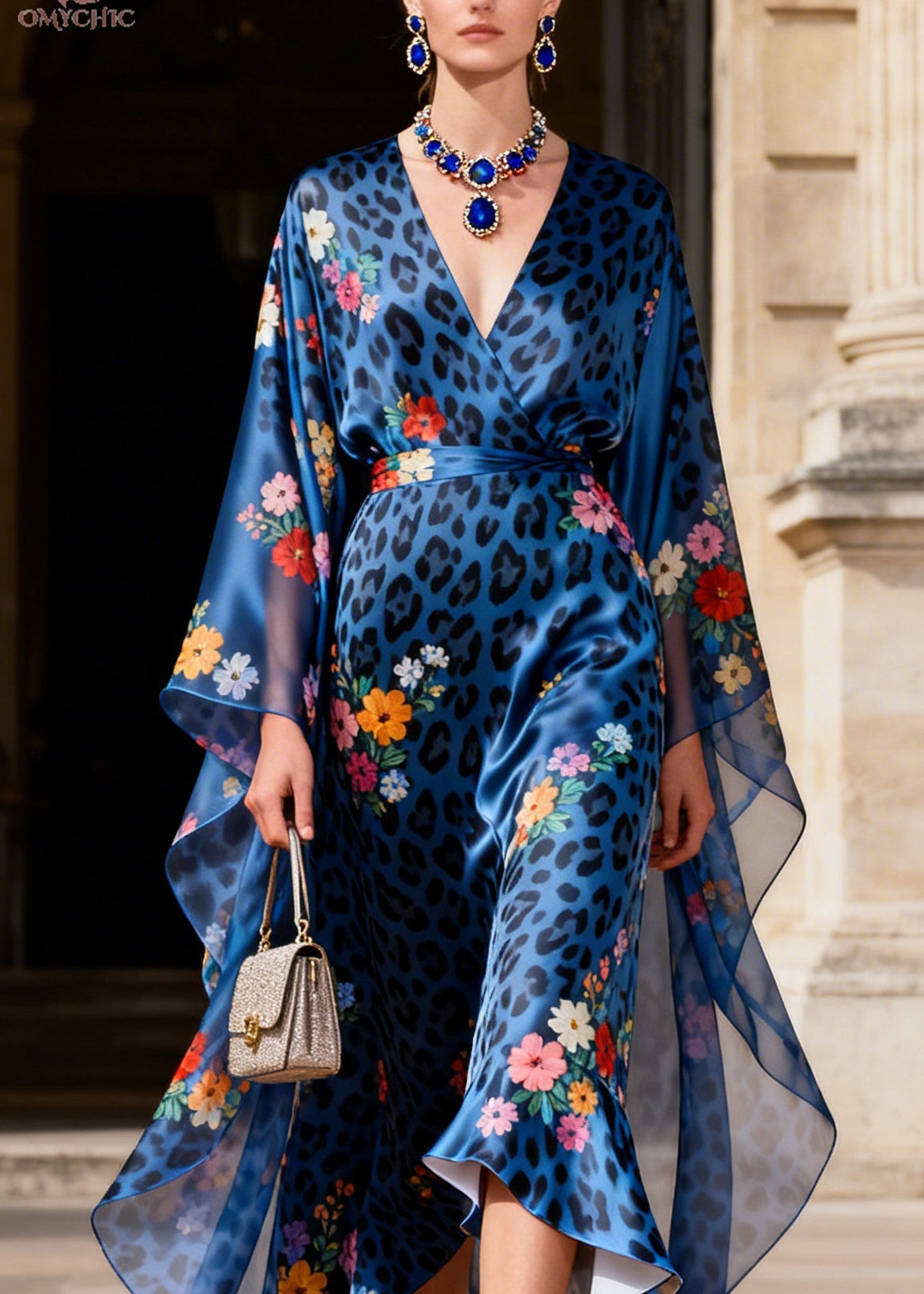 Elegant Blue V Neck Leopard Print Silk Long Dress Summer - Omychic