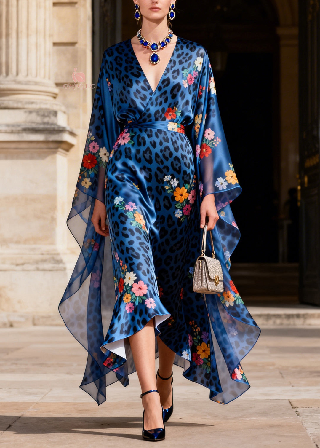 Elegant Blue V Neck Leopard Print Silk Long Dress Summer - Omychic