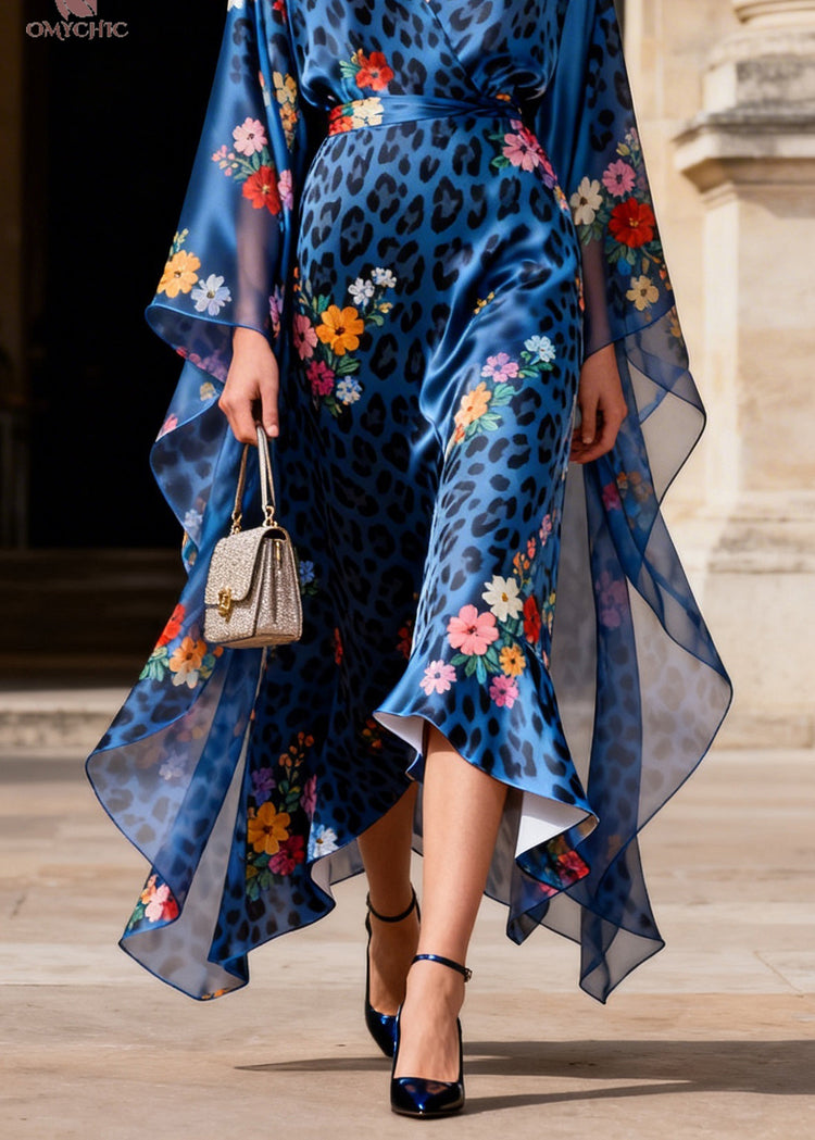 Elegant Blue V Neck Leopard Print Silk Long Dress Summer - Omychic