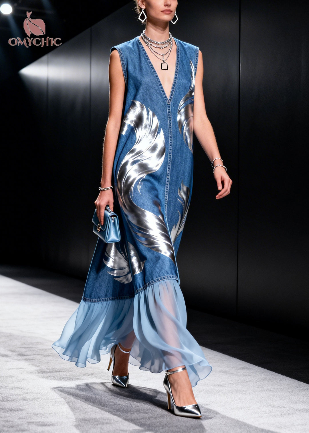 Elegant Blue V Neck Patchwork Print Denim Holiday Dresses Sleeveless