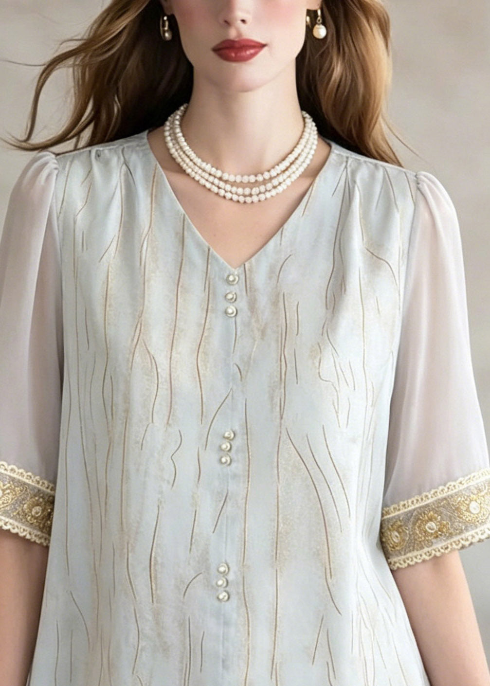 Elegant Blue V Neck Patchwork Shirt Summer