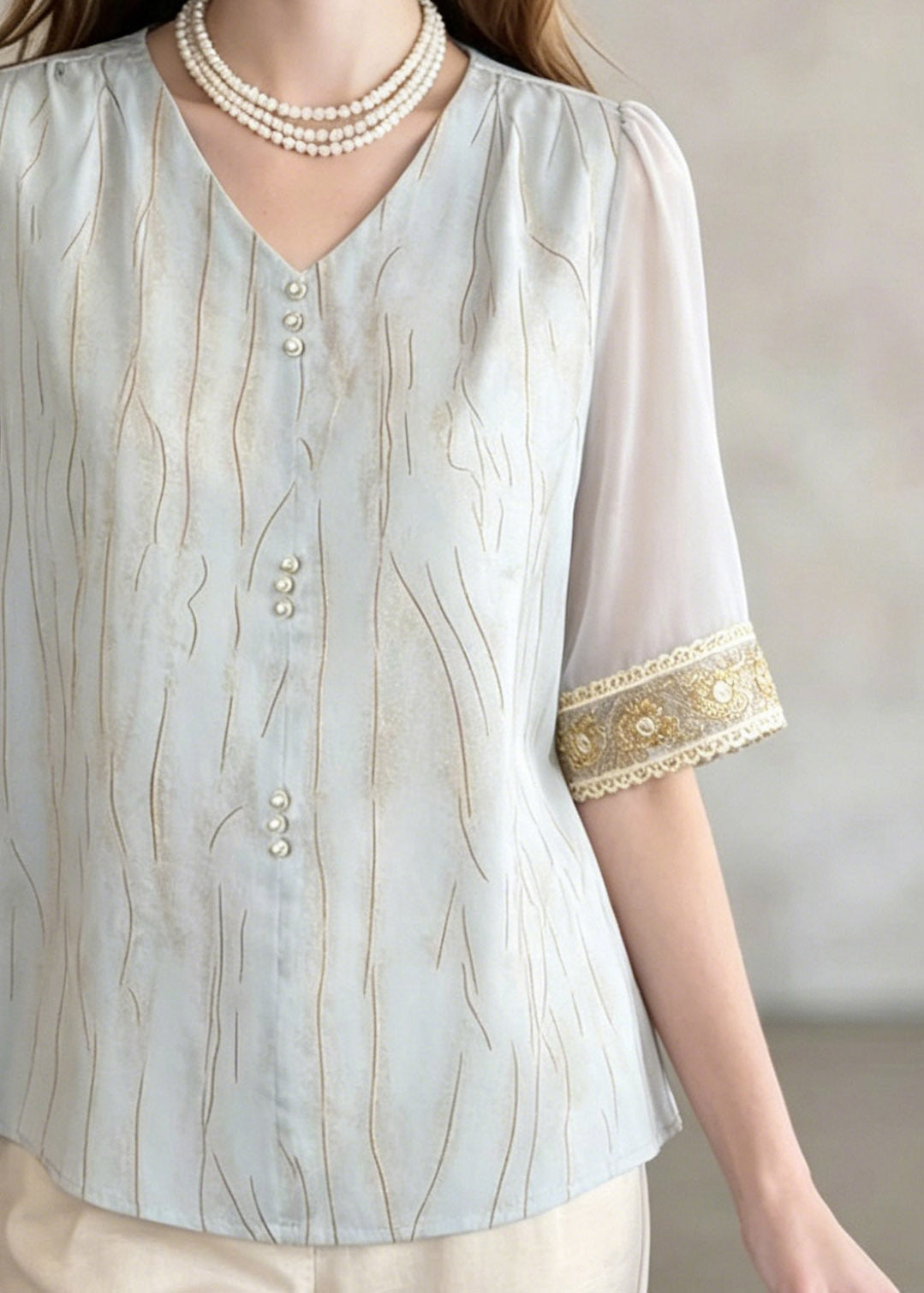 Elegant Blue V Neck Patchwork Shirt Summer