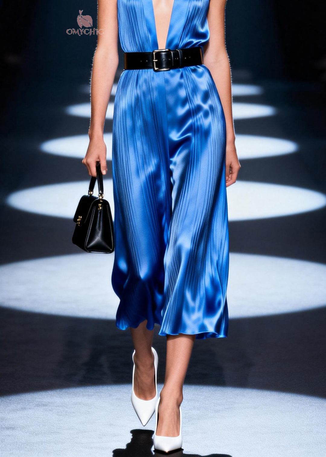 Elegant Blue V Neck Patchwork Silk Dress Sleeveless