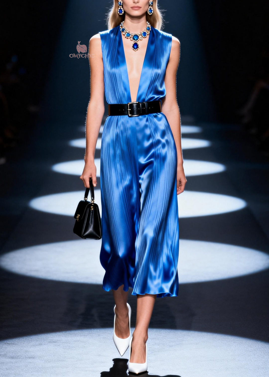 Elegant Blue V Neck Patchwork Silk Dress Sleeveless