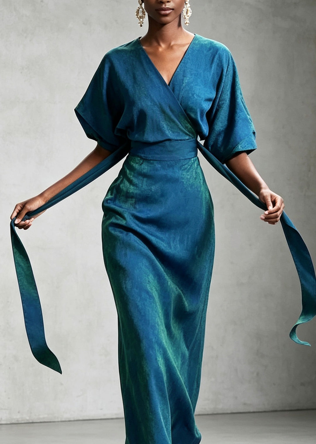 Elegant Blue V Neck Patchwork Tie Waist Silk Dress Summer