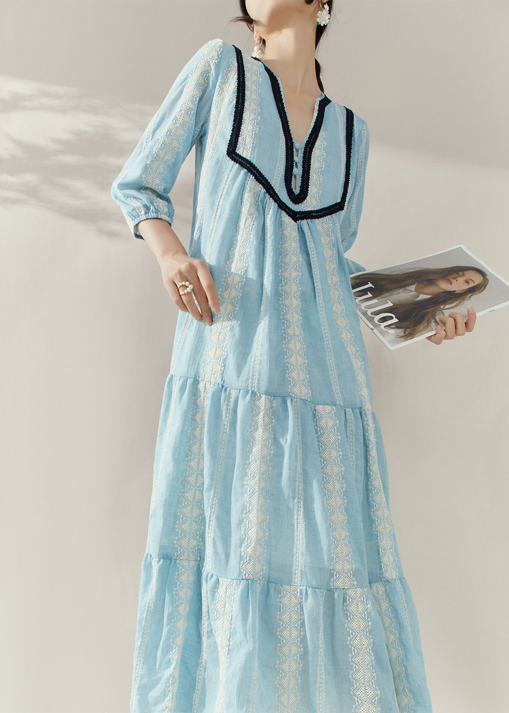 Elegant Blue V Neck Print Cotton Holiday Dress Half Sleeve