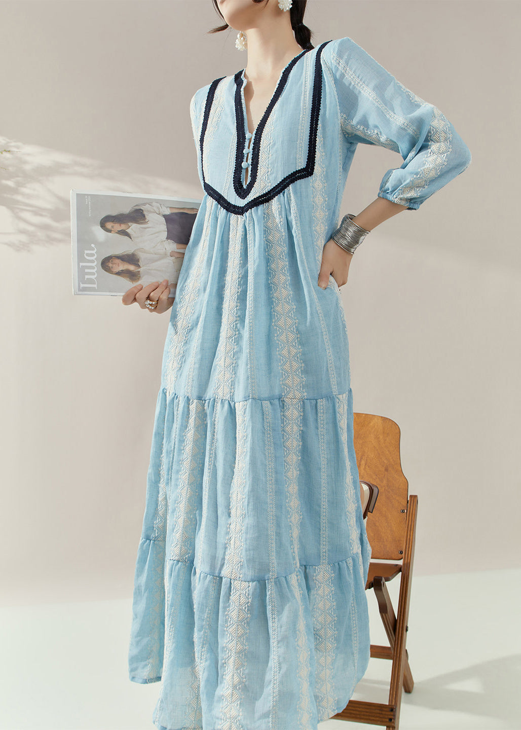 Elegant Blue V Neck Print Cotton Holiday Dress Half Sleeve