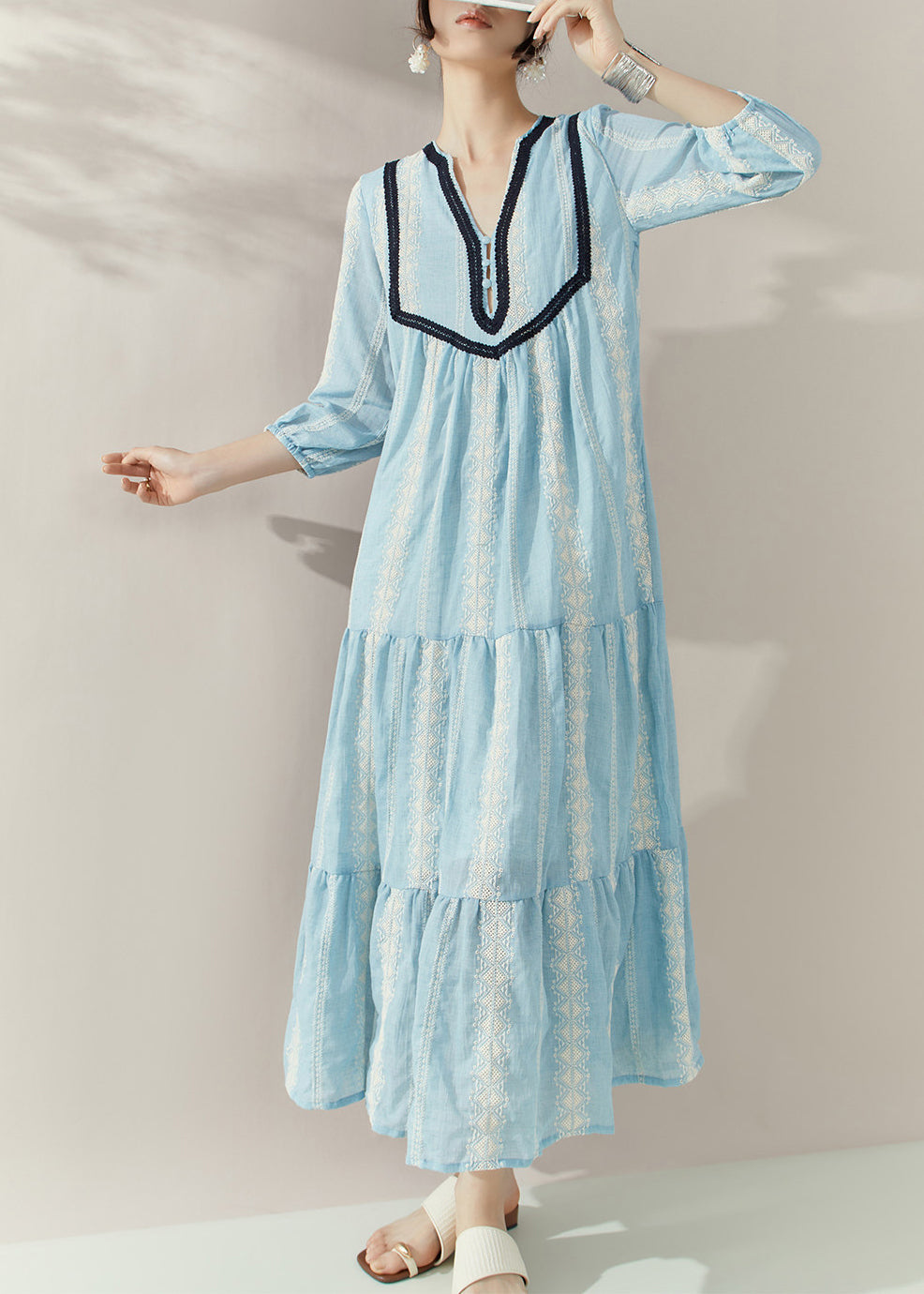 Elegant Blue V Neck Print Cotton Holiday Dress Half Sleeve