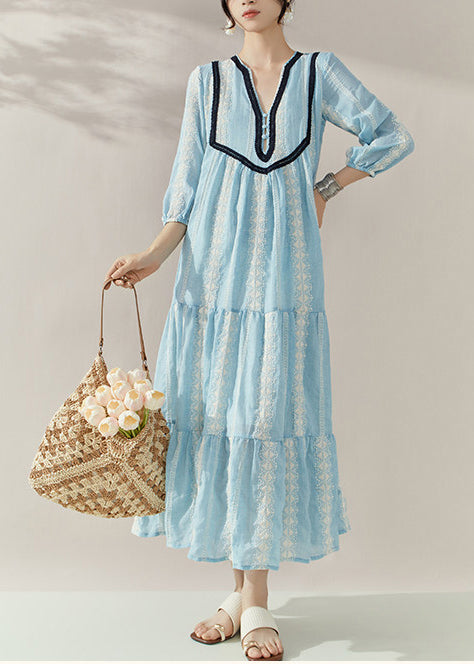 Elegant Blue V Neck Print Cotton Holiday Dress Half Sleeve