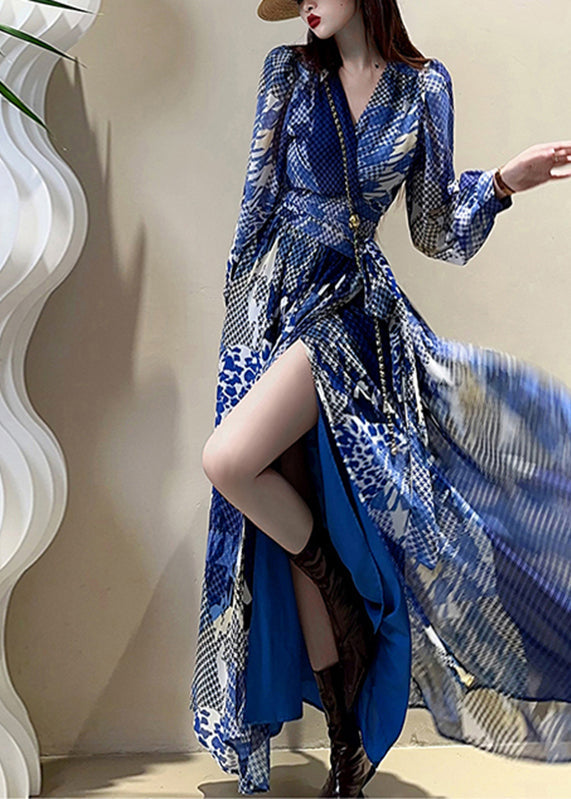 Elegant Blue V Neck Print Drawstring Maxi Dress Lantern Sleeve