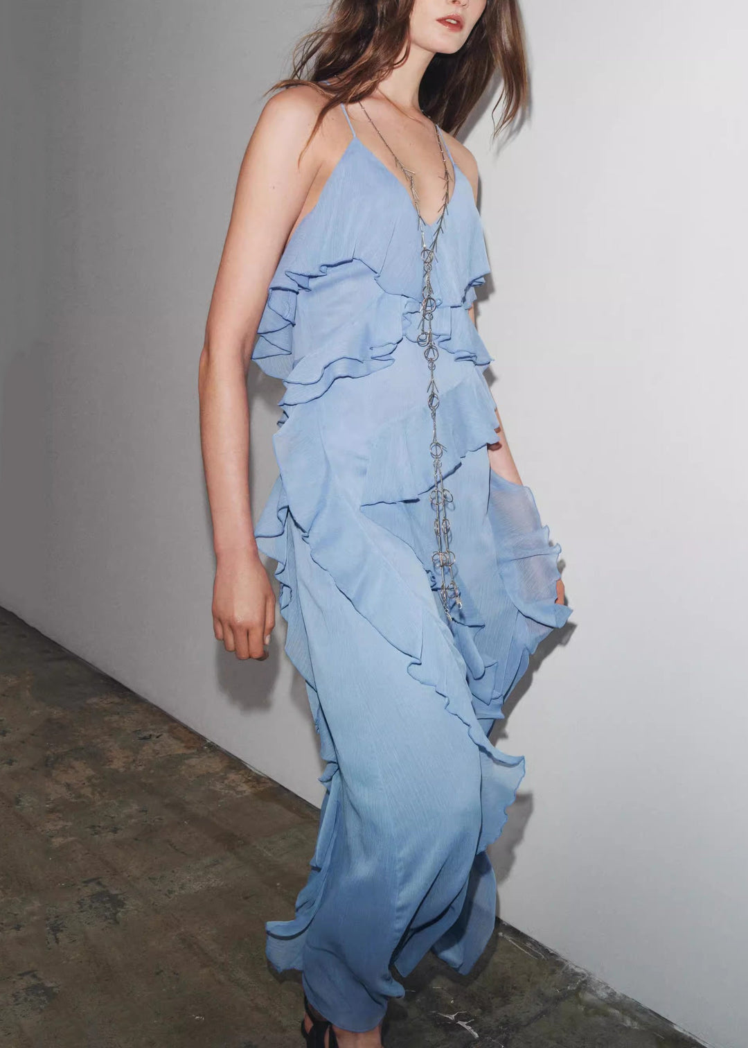Elegant Blue V Neck Ruffled Chiffon Spaghetti Strap Dress Sleeveless